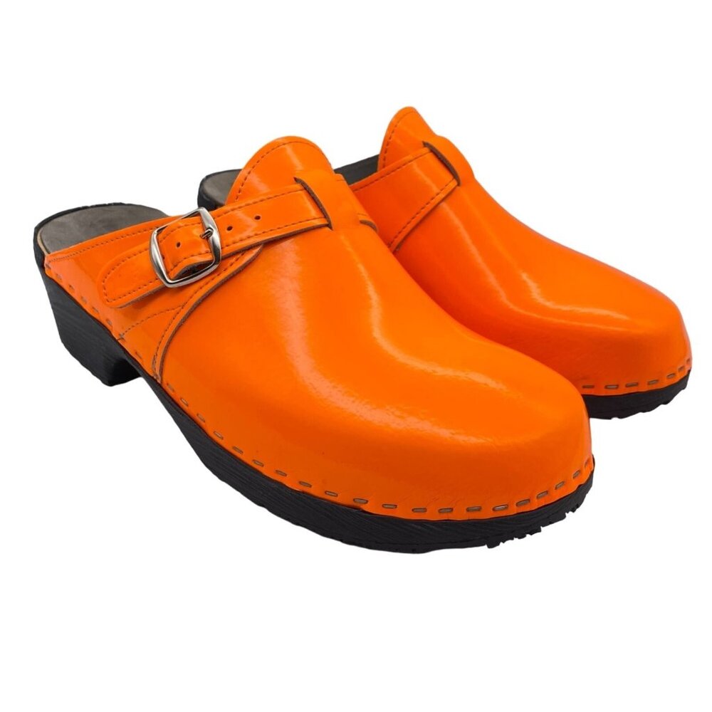 Sandgrens Swedish Clogs Size 45 neon‎ orange patent leather unisex nurse